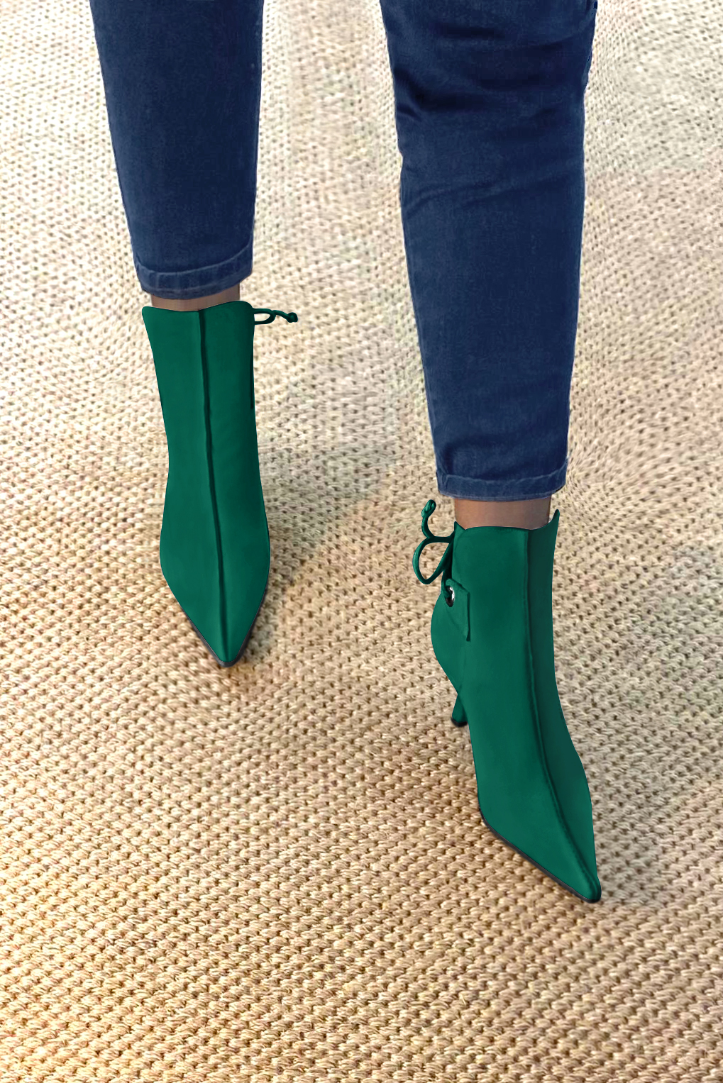 Emerald green women's ankle boots with laces at the back. Pointed toe. High slim heel. Worn view - Florence KOOIJMAN